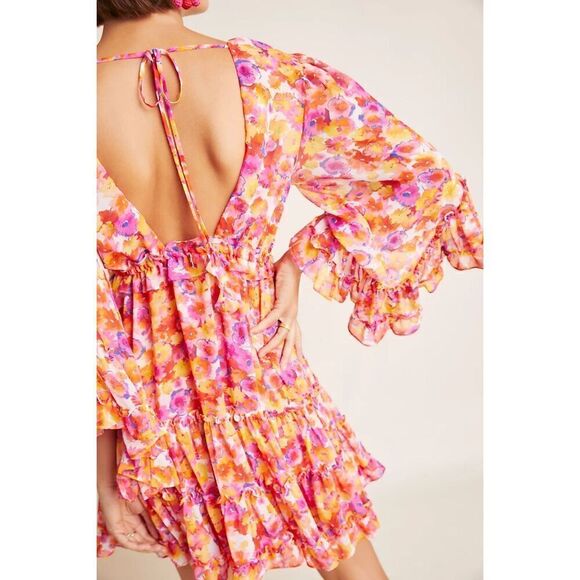 MISA Los Angeles Yasemin Bright Pink Orange Yellow Floral Chiffon Bell Sleeve Mi - Picture 11 of 16